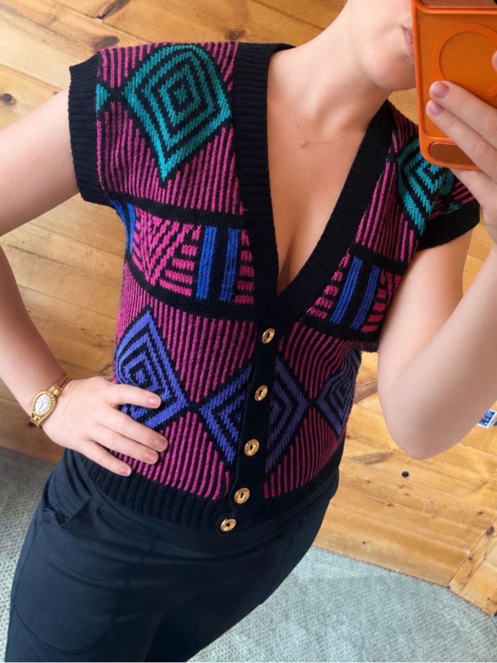 V-Neck Geometric Knit Sweater Vest in Magenta & Teal vintage 80s 90s